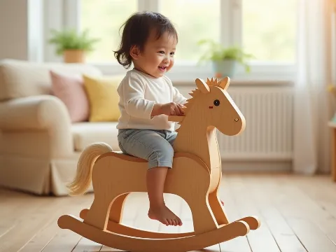 Child joyfully playing on a classic wooden rocking horse