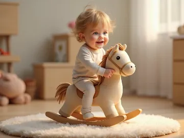 Toddler happily riding a rocking horse