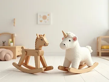 Wooden and plush rocking horses side by side