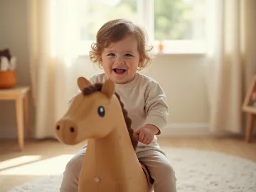 Child on a rocking horse with UK safety standards icon
