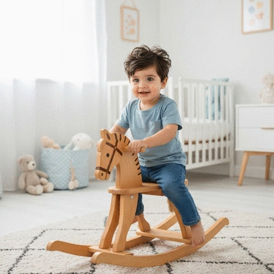 Child safely playing on a wooden rocking horse in a bright, minimalist nursery