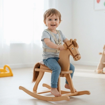 Child safely playing on a wooden rocking horse with a harness
