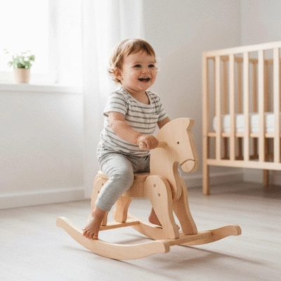 Child playing on a beautifully crafted wooden eco-friendly rocking horse in a bright, minimalist nursery