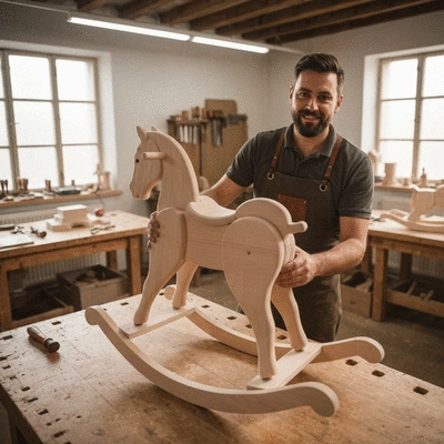 Craftsperson meticulously assembling a wooden eco-friendly rocking horse in a bright workshop