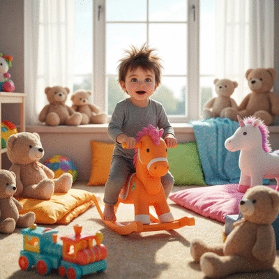 Child on a rocking horse in a bright, playful room, surrounded by other toys