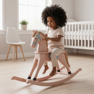 Child playing on a beautifully crafted wooden rocking horse in a bright, airy nursery.