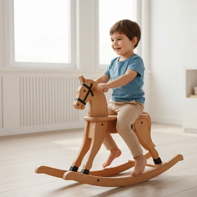 Child playing on a wooden rocking horse in a bright, airy room