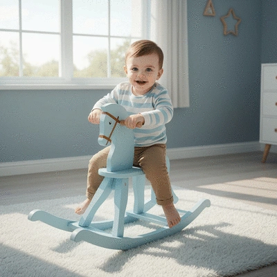 Happy toddler riding a classic wooden rocking horse in a bright, cozy nursery with soft sunlight, no text, no words, no typography