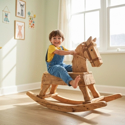 Child happily playing on a rocking horse made from reclaimed wood, bright and airy nursery setting