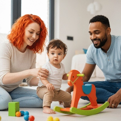 Parents and child playing with toys, emphasizing safety