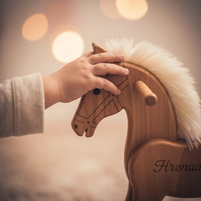 Close-up of a child's hand gently touching a personalized wooden rocking horse, soft lighting