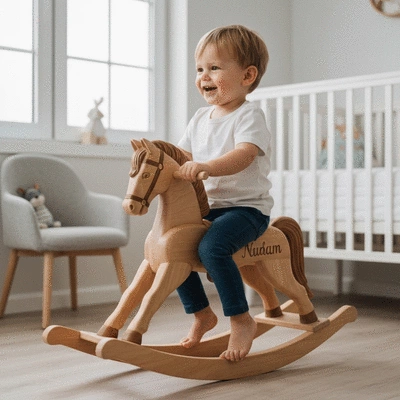 Child playing on a personalized wooden rocking horse