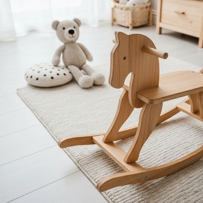 Wooden rocking horse in a child's playroom, minimalist design