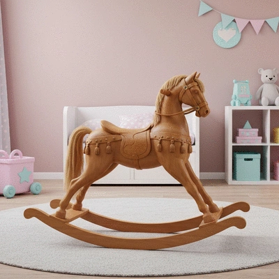 Wooden rocking horse with intricate details in a child's bedroom