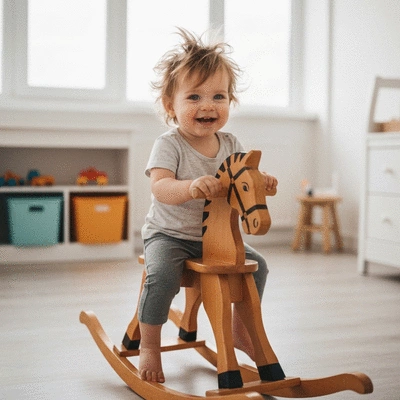 Toddler playing happily on a classic wooden rocking horse in a bright playroom