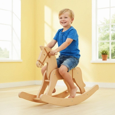 Child playing on a safe rocking horse in a bright room, demonstrating stability and durability, no text, no words, no typography, no labels, clean image