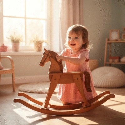 Child playing with a beautifully crafted wooden rocking horse in a bright room