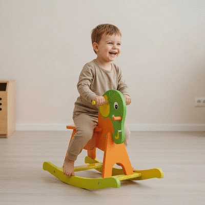 Child playing with a gender-neutral rocking horse