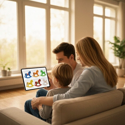 Parent and child looking at a tablet showing different rocking horse options
