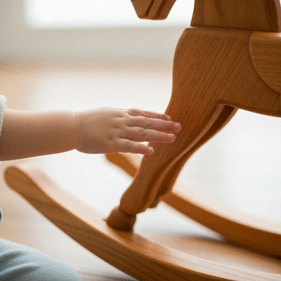 Close-up of a child's hand touching a smooth, polished wooden rocking horse, highlighting craftsmanship