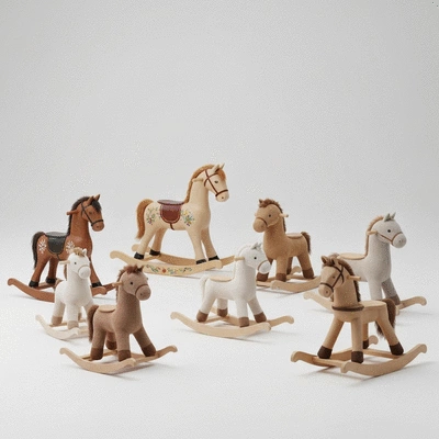 Variety of rocking horses from different price points on display in a modern store