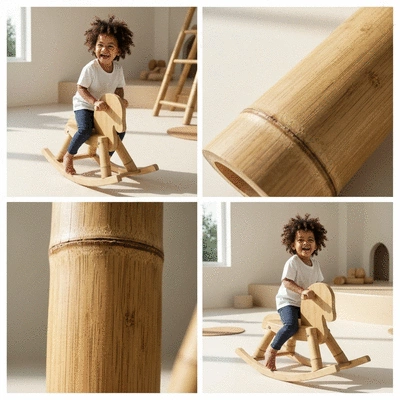Child on a rocking horse made from bamboo, in a minimalist play area.