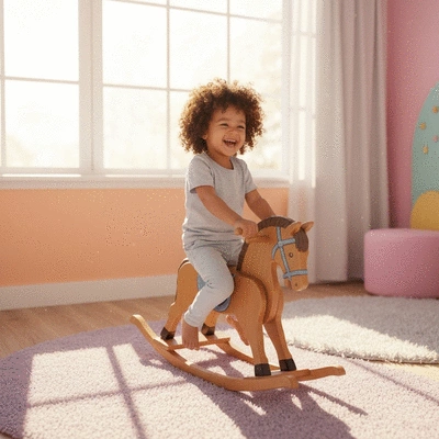 Child happily riding a classic wooden rocking horse in a bright, airy playroom