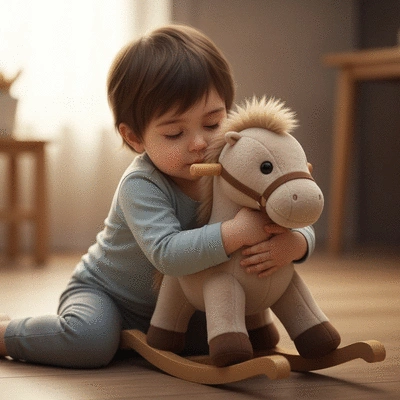Child hugging a soft plush rocking horse in a cozy, child-friendly room