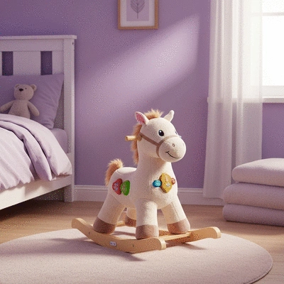 Plush rocking horse with interactive features in a child's bedroom