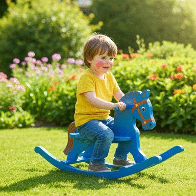 Child playing on a rocking horse, demonstrating balance and coordination