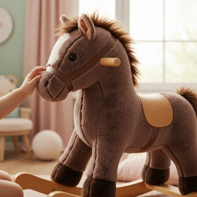 Close-up of a plush rocking horse, with a child's hand gently touching it
