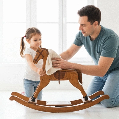 Child and parent cleaning a wooden rocking horse with a soft cloth, demonstrating care and maintenance, no text, no words, no typography