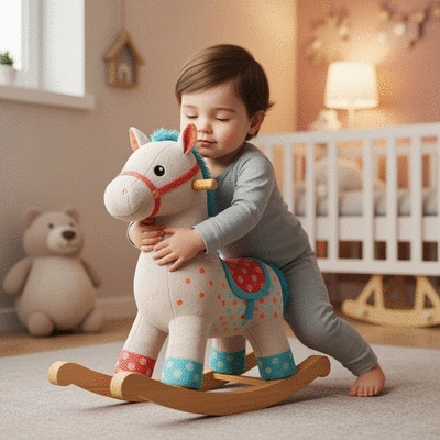 Child hugging a plush rocking horse in a cozy nursery