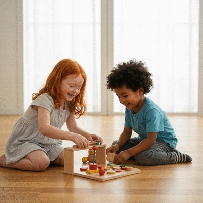 Children playing with safe, certified wooden toys in a bright room