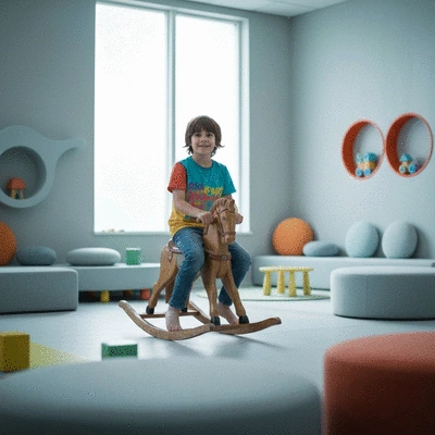 Child on a wooden rocking horse in a bright, clean room
