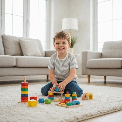 Child playing happily with safe, colorful wooden toys in a bright room