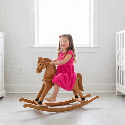 Child joyfully playing on a classic wooden rocking horse in a bright room, no text, no words, no typography, clean image.