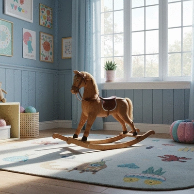 Wooden rocking horse in a child's playroom
