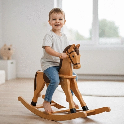 Child happily riding a classic wooden rocking horse in a bright, modern playroom