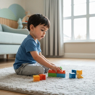 Child playing safely on an EN 71 certified wooden rocking horse in a bright, modern nursery