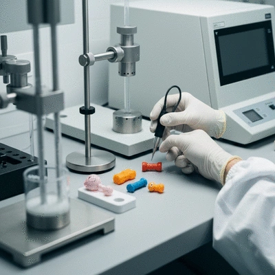Scientific lab testing toys for chemical safety, close up on equipment