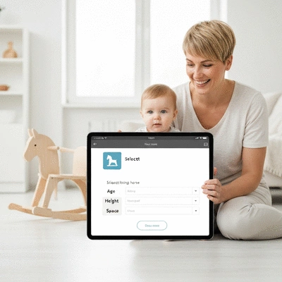 Parent using a tablet to select a rocking horse with an interactive size tool