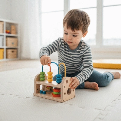 Child playing with a durable, safe wooden toy, showcasing EN 71-1 compliance