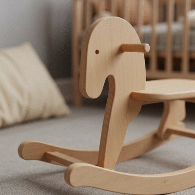 Close-up of an eco-friendly wooden rocking horse with natural finishes