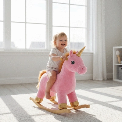 Toddler happily riding a plush rocking unicorn