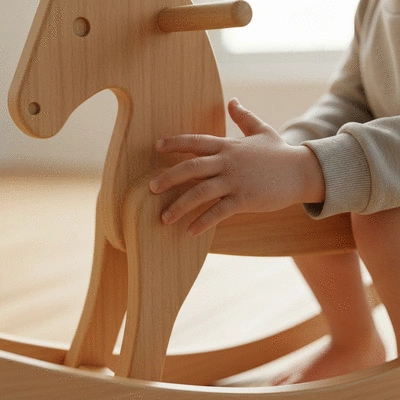 Close-up of a child's hand touching a wooden rocking horse, emphasizing non-toxic materials