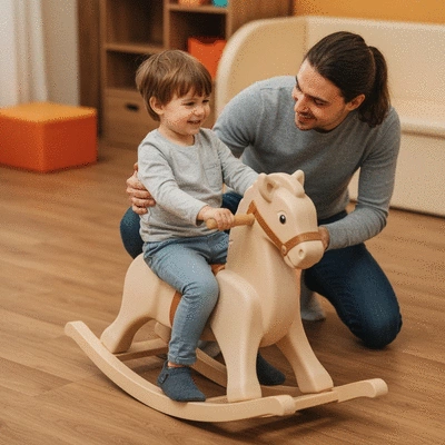 Parent and child interacting with a safe, compliant rocking horse in a play setting