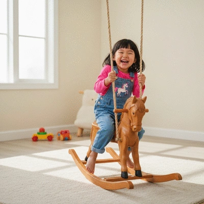 Child playing on a traditional wooden rocking horse in a bright playroom
