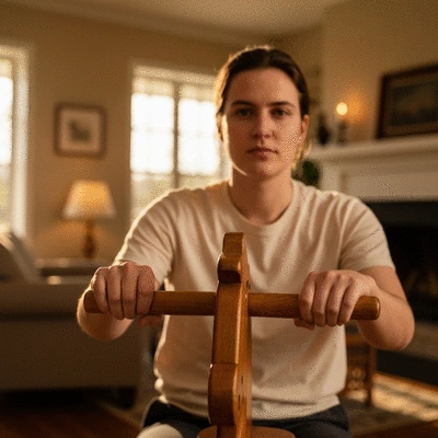 Close-up of a child's hands on a rocking horse with a blurred background